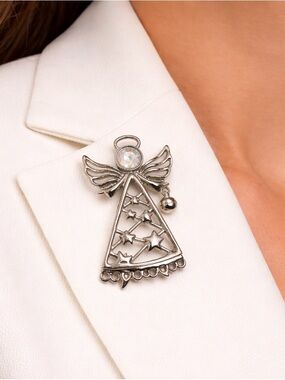 Eisenberg Ice Angel Brooch | Vintage Rhinestone Pin with Bell